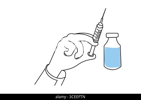 Illustration d'une ligne continue de vaccin et de seringue dans un style minimaliste de contour médical isolé Illustration de Vecteur