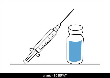 Illustration d'une ligne continue de vaccin et de seringue dans un style minimaliste de contour médical isolé Illustration de Vecteur