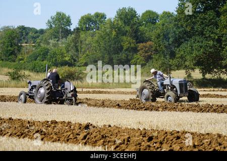 Deux agriculteurs utilisant des tracteurs d'époque dans les champs ruraux pendant l'activité agricole. Labourage Vintage, Rousham, Angleterre Banque D'Images