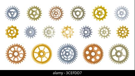 Jeu de méplats métalliques. Roue dentée différentes formes tailles couleurs styles. Elément de mécanisme COG, détail technique, industriel. PIECE de machine a pignons rotatifs de PRECISION ronde. Symbole des réglages Illustration de Vecteur