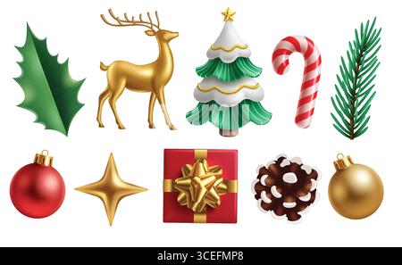 Ensemble de cliparts d'éléments de Noël. Éléments de Noël clip art pour la décoration de Noël comme holly Berry et feuilles de pin, renne d'or, canne de bonbons, Illustration de Vecteur