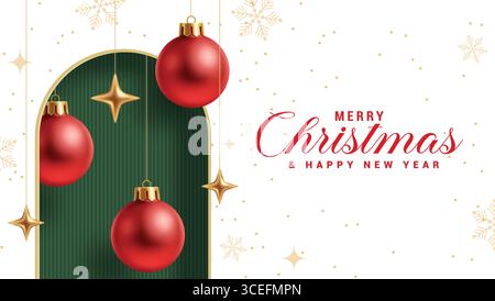 Joyeux Noël voeux clipart conception de fond. Joyeux Noël et joyeux modèle de carte de bannière nouvel an avec boules rouges suspendues, étoiles d'or Illustration de Vecteur