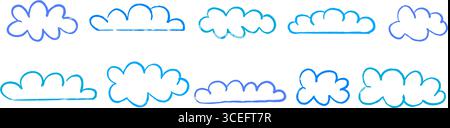 Collection de formes de nuage de crayon bleu. Ensemble de griffonnages dessinés à la main. Faisceau de nuages griffonnés. Paquet d'éléments esquissés texturés enfantins pour bannière, affiche, collage, autocollant. Vecteur mignon dialogue comique Illustration de Vecteur