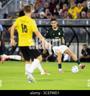 Sittard, pays-Bas. 17 août 2025. BREDA, 17-08-2025, Rat Verlegh Stadium, saison 2025/2026, football néerlandais Eredivisie, match entre NAC Breda et Fortuna Sittard, la photo montre Justin Hubner, joueur de Fortuna Sittard crédit : Pro Shots/Alamy Live News Banque D'Images