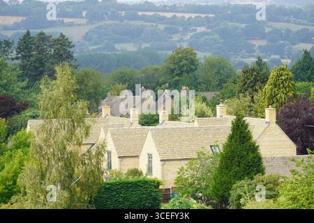 Charmante scène de campagne avec des maisons traditionnelles et une végétation luxuriante. Bourton-on-the-Water, Angleterre Banque D'Images