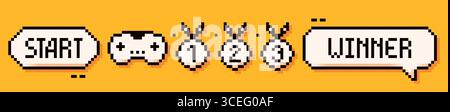 Pixel art petit ensemble avec bouton de démarrage, joystick, médailles d'or, d'argent et de bronze et bulle de discours gagnant. Illustration de Vecteur