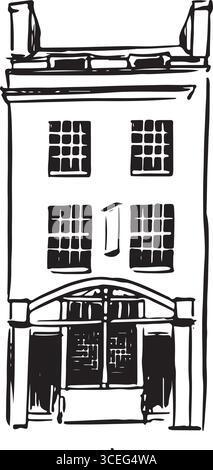 Croquis dessiné à la main d'une petite auberge traditionnelle avec de grandes fenêtres avant et un toit à pignon simple. Parfait pour les impressions culturelles, le décor, l'éducation, Illustration de Vecteur