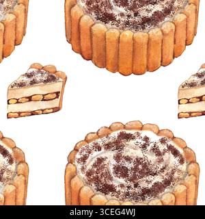 Motif aquarelle de Tiramisu Cake and Slice – motif de répétition de dessert italien classique. Dessert en couches avec éponge imbibée d'espresso, mascarpone Illustration de Vecteur