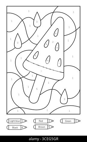 Coloriage avec une image d'une tranche de pastèque à colorer par des nombres Illustration de Vecteur