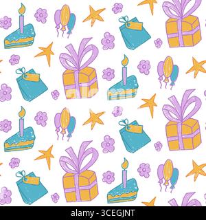 Motif sans couture de crayon multicolore pour fête d'anniversaire. Cadeau de doodle festif, étoiles et fond sans fin de ballon. Gâteau dessiné à la main avec bougie et fleurs Illustration de Vecteur