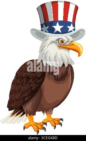 Illustration vectorielle d'un aigle chauve portant un chapeau haut de gamme rouge, blanc et bleu. Des couleurs vives et des lignes épurées rehaussent le thème patriotique Illustration de Vecteur