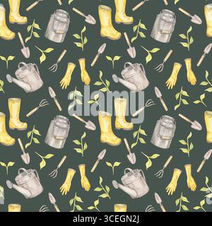 Sur le vert foncé, les gants jaunes, les bottes, les boîtes grises et les outils en métal forment un clipart aquarelle à motif sans couture. Idéal pour le tissu de jardinage, le papier d'emballage, les étiquettes et les décors numériques Banque D'Images