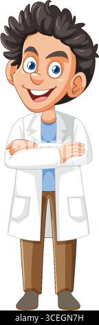 Vecteur de bande dessinée de scientifique masculin joyeux avec les cheveux foncés, blouse de laboratoire blanche et bras croisés, debout avec confiance sur fond blanc Illustration de Vecteur