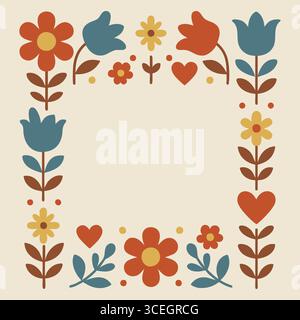 Bordure florale carrée utilisant des fleurs simples et des coeurs disposés autour d'un espace de copie généreux. Illustration de Vecteur