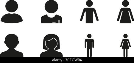 Icônes de profil utilisateur et de sexe ensemble d'icônes pleines. Identification de l'utilisateur, représentation du sexe et Collection de symboles Silhouette de profil. Médias sociaux et Illustration de Vecteur