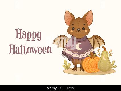 Carte d'Halloween style bohémien représentant une batte kawaii en poncho avec citrouille et gourde. Chaud et confortable imprimable pour les vacances d'automne. Illustration de Vecteur