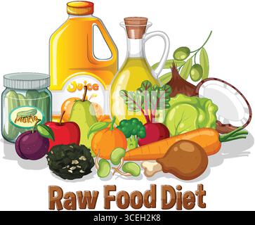 Illustration vectorielle vibrante des aliments crus, y compris les fruits, les légumes et les huiles. Les couleurs vives et la composition détaillée renforcent l'attrait visuel Illustration de Vecteur