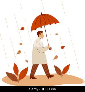 Homme d'automne marchant avec un parapluie sous les feuilles qui tombent. Personnage masculin automnal sous la pluie. Illustration vectorielle. Pas IA Illustration de Vecteur