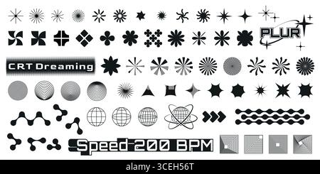 Eléments graphiques en esthétique techno avec étoiles y2k, fleurs rétro et motifs géométriques pour la conception d'affiches. Les cercles hypnotiques spiralés se mélangent avec des globes de grille et des lignes de vague pour des visuels de style millénaire Illustration de Vecteur