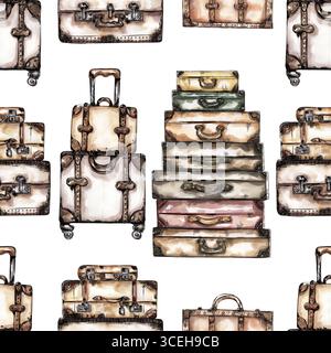 Aquarelle sans couture motif de valises antiques, motif de répétition de bagages, papier de bagage vintage, vieux sacs de voyage imprimé de cadre Banque D'Images