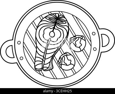 Surligner saumon et choux de Bruxelles sur la poêle à griller avec grille sur le fond autocollant icône minimaliste Design. Illustration vectorielle isolée alimentation saine contenu connexe recettes cartes de menu, étiquette de prix, dépliants Illustration de Vecteur