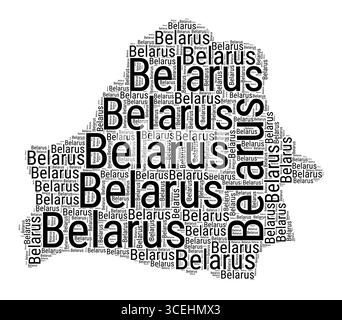 Nuage de mots noir et blanc en forme de Biélorussie. Illustration de pays de style typographique simple. Illustration de Vecteur
