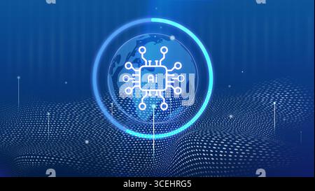 Concept technologique moderne mettant en valeur l'intégration de l'IA dans un cadre numérique mondial rempli de modèles de données complexes Banque D'Images