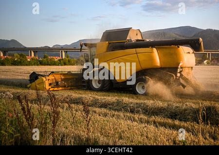 Moissonneuse-batteuse jaune travaillant dans un champ de blé, laissant de la paille et de la poussière derrière, près d'un pont routier et des montagnes au coucher du soleil. Banque D'Images