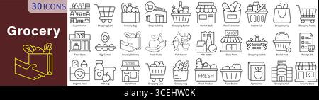 Icône d'épicerie définie dans le style de ligne avec vecteur modifiable pour le shopping, l'alimentation, le supermarché et le magasin de détail Illustration de Vecteur