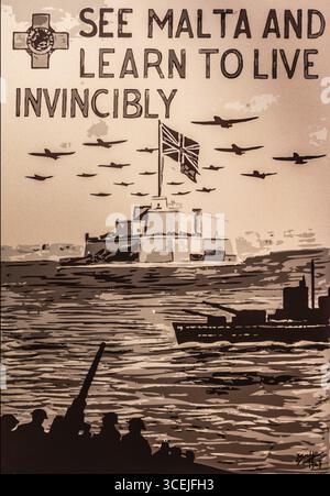 Affiche d'endurance britannique de la 2ème Guerre mondiale, Fort Saint Angelo, première structure de défense importante de Malte au centre du Grand Port, Vitt Banque D'Images