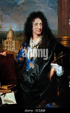 Jules Hardouin-Mansart, 1685 L'architecte du roi Louis XIV de France Hyacinthe Rigaud (1643-1715) Musée français Jules Hardouin-Mansart fut un architecte célèbre pour le roi Louis XIV, réputé pour avoir conçu la place des victoires (1685) à Paris, expression de la gloire du roi à travers des bâtiments résidentiels et un monument central. Hardouin-Mansart a également contribué de manière significative au paysage de Versailles,) Banque D'Images