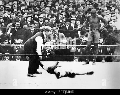 Le boxeur Jack Johnson vient d'éliminer Stanley Ketchel, 1909 ans Banque D'Images