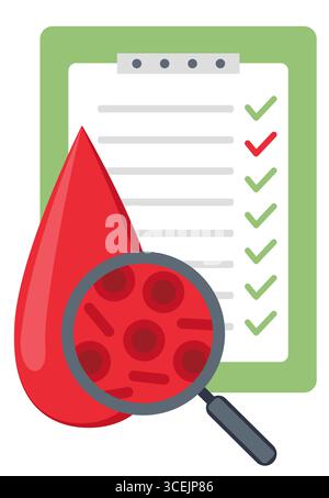 Les tests d'hémoglobine sanguine. Concept d'hématologie avec globule rouge en goutte et loupe Illustration de Vecteur