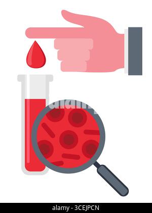 Les tests d'hémoglobine sanguine. Concept d'hématologie avec globule rouge en tube à essai et loupe Illustration de Vecteur