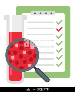 Les tests d'hémoglobine sanguine. Concept d'hématologie avec globule rouge en tube à essai et loupe Illustration de Vecteur