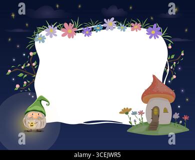 Cadre de nuit avec gnome et maison de champignon Illustration de Vecteur