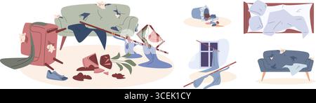 Home détruire les scènes. Canapé et fauteuil déchirés, pot de fleurs cassé, rideaux tombés. Désordre dans l'appartement, déchets et destruction, éléments vectoriels Illustration de Vecteur