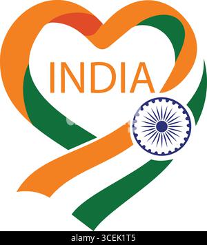 Une illustration vibrante en forme de cœur inspirée du drapeau national indien, avec des bandes safran, blanches et vertes avec le mot « INDIA » en gras oran Illustration de Vecteur