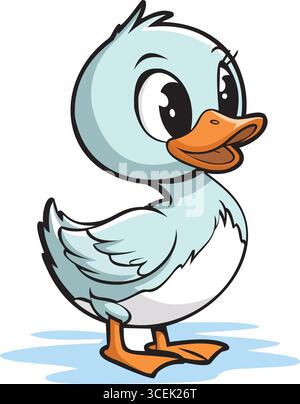 Un ravissant canard de style dessin animé avec un corps bleu clair, des plumes blanches de poitrine et des yeux expressifs, debout joyeusement sur une flaque d'eau. Le canard fe Illustration de Vecteur