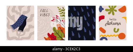 Quatre cartes de vœux d'automne minimalistes montrant une écharpe, le texte des vibrations d'automne, des gouttes de pluie et le texte bonjour automne, parfait pour les publications sur les médias sociaux ou St Illustration de Vecteur