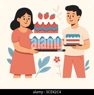 Une illustration joyeuse et plate représentant deux personnages tenant des gâteaux festifs. La femme à gauche présente un grand gâteau à deux niveaux orné de Illustration de Vecteur