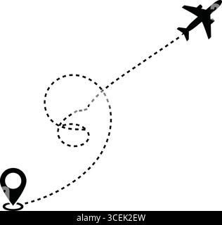 Une silhouette noire minimaliste d'un avion planant à travers la toile, laissant derrière elle une trajectoire de vol en pointillés ludique et en boucle qui mène à un destinati Illustration de Vecteur