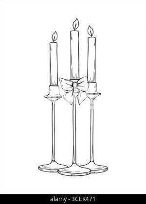 Illustration vectorielle de trois bougies étroites brûlantes dans de grands supports peints par des encres noires. Composition monochrome de Noël minimaliste Illustration de Vecteur