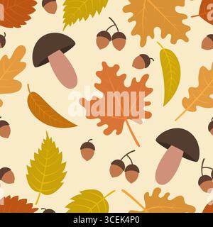 Motif d'automne sans couture avec des feuilles d'automne colorées, des glands et des champignons Illustration de Vecteur