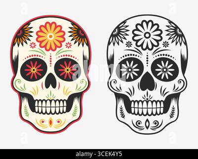 Illustration vectorielle de deux crânes de sucre inspirés par la tradition mexicaine du jour des morts Illustration de Vecteur