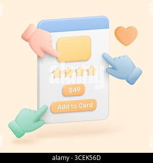 Trois mains interagissent avec une interface de boutique en ligne 3D affichant la notation des produits, le prix et le bouton Ajouter au panier, mettant en évidence l'expérience utilisateur et l'illustration vectorielle e-commerce Illustration de Vecteur