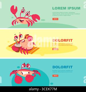 Bannières de crabe. modèles d'annonces pour les projets de conception d'impression avec des poses de crabe en action et des visages émotionnels drôles Illustration de Vecteur