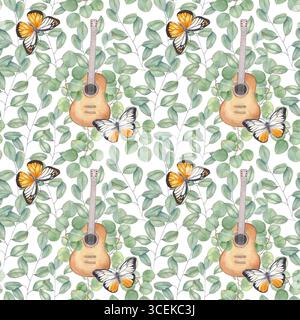Guitare acoustique à six cordes parmi les papillons volants, et eucalyptus laisse un motif aquarelle sans couture sur fond isolé Banque D'Images