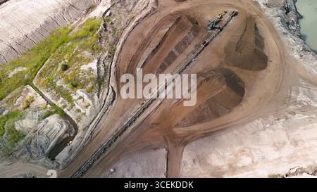 Vue aérienne de l'exploitation minière à ciel ouvert avec système de convoyeur – extraction industrielle et scène de terrassement Banque D'Images