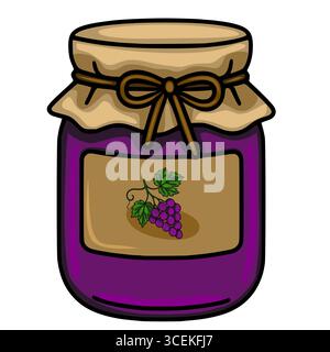 Une charmante illustration vectorielle d'un pot de confiture de raisin avec un couvercle en papier kraft attaché avec un ruban brun, avec un style dessiné à la main et une étiquette représentant Illustration de Vecteur